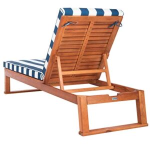 SAFAVIEH Outdoor Collection Solano Natural Wood/ Navy Stripe Cushion Patio Backyard Chaise Lounger Chair