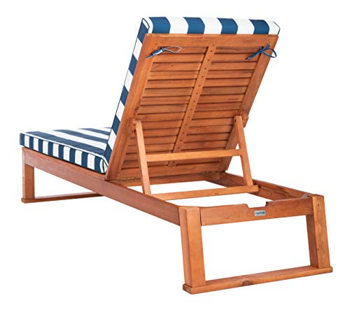 SAFAVIEH Outdoor Collection Solano Natural Wood/ Navy Stripe Cushion Patio Backyard Chaise Lounger Chair