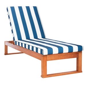 SAFAVIEH Outdoor Collection Solano Natural Wood/ Navy Stripe Cushion Patio Backyard Chaise Lounger Chair