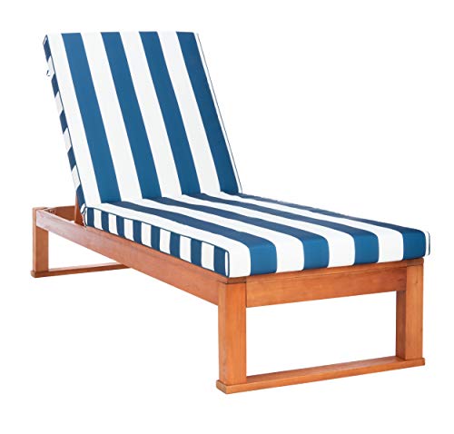 SAFAVIEH Outdoor Collection Solano Natural Wood/ Navy Stripe Cushion Patio Backyard Chaise Lounger Chair