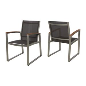 aubrey patio dining chairs – aluminum – outdoor mesh seats – faux wood arms – set of 2 – silver with gray and natural finish