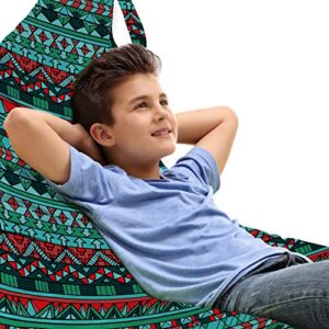ambesonne tribal lounger chair bag, hand drawn design geometric pattern with sharp shapes and stripes, high capacity storage with handle container, lounger size, red blue teal