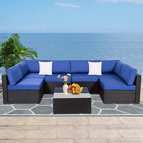 J-SUN-7 7 Pieces Outdoor Patio Furniture Set, All Weather Black PE Rattan Wicker Sofa Set, Sectional Furniture Sofa Couch Set with Dark Blue Cushions and Glass Table for Garden Porch Poolside