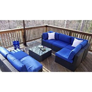 J-SUN-7 7 Pieces Outdoor Patio Furniture Set, All Weather Black PE Rattan Wicker Sofa Set, Sectional Furniture Sofa Couch Set with Dark Blue Cushions and Glass Table for Garden Porch Poolside