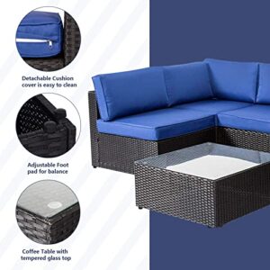 J-SUN-7 7 Pieces Outdoor Patio Furniture Set, All Weather Black PE Rattan Wicker Sofa Set, Sectional Furniture Sofa Couch Set with Dark Blue Cushions and Glass Table for Garden Porch Poolside