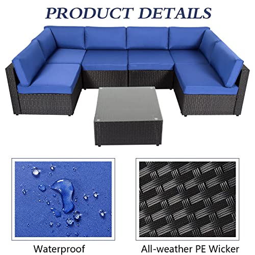 J-SUN-7 7 Pieces Outdoor Patio Furniture Set, All Weather Black PE Rattan Wicker Sofa Set, Sectional Furniture Sofa Couch Set with Dark Blue Cushions and Glass Table for Garden Porch Poolside