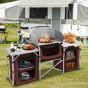 Happybuy Camping Kitchen Table, 3 Storage Organizer, Aluminum Windscreen Outdoor Folding Grill Station with 2 Side Tables, Camping Supplies and Accessories for BBQ Picnic Fishing Party Use, Brown