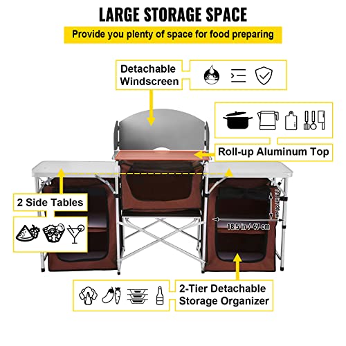 Happybuy Camping Kitchen Table, 3 Storage Organizer, Aluminum Windscreen Outdoor Folding Grill Station with 2 Side Tables, Camping Supplies and Accessories for BBQ Picnic Fishing Party Use, Brown