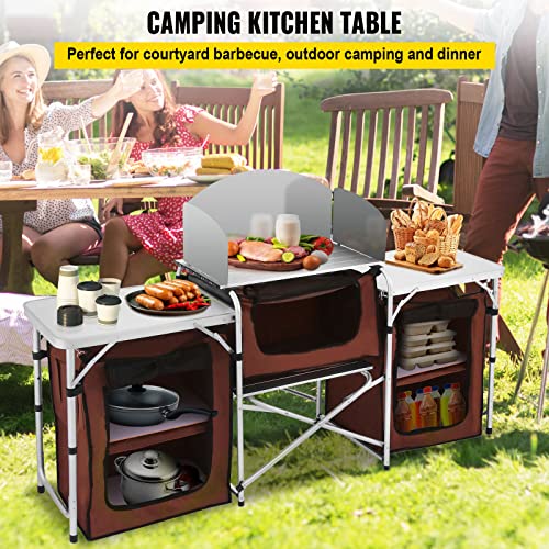 Happybuy Camping Kitchen Table, 3 Storage Organizer, Aluminum Windscreen Outdoor Folding Grill Station with 2 Side Tables, Camping Supplies and Accessories for BBQ Picnic Fishing Party Use, Brown