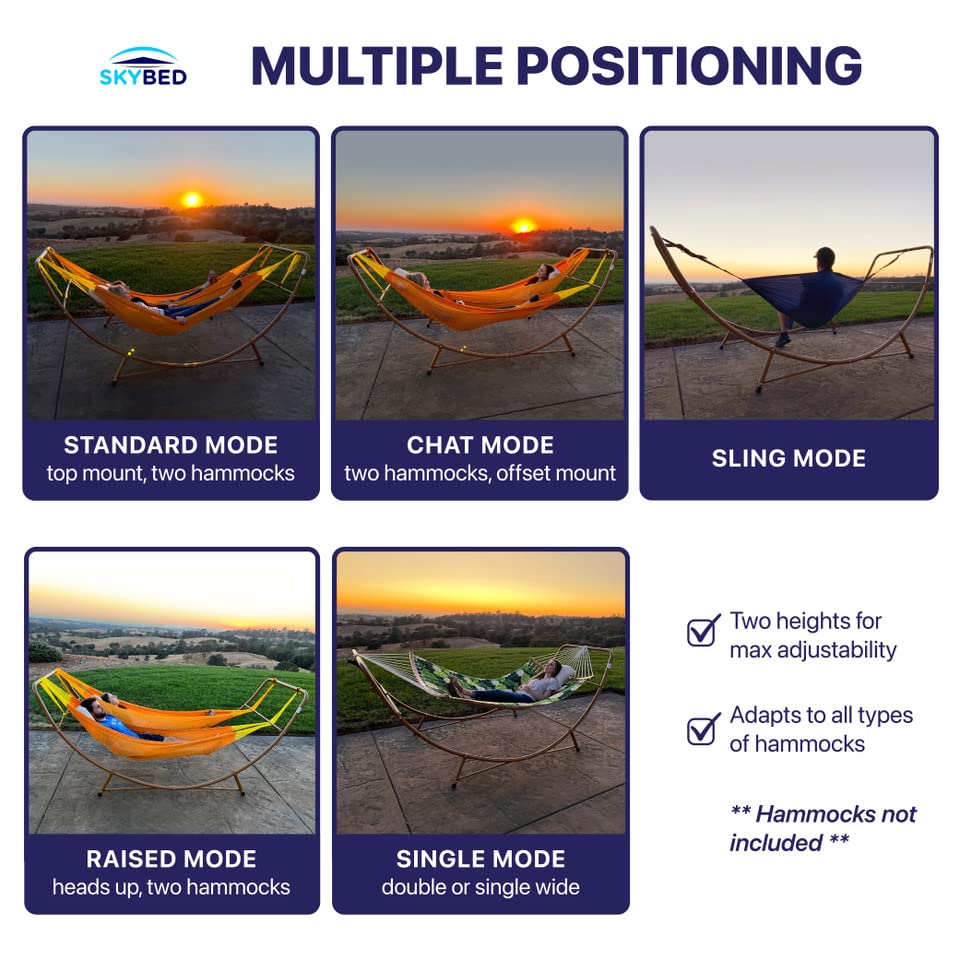 Skybed Universal Hammock Stand Fits 2 Single Hammocks 7 ft to 14 ft Long or 1 Double Wide | Unique Head Up Mount Option for Dual Hammock Chat Mode | Heavy Duty | 600 Lbs Capacity | Indoor/Outdoor