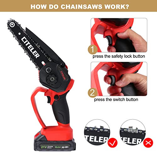 CITELER Mini Chainsaw, 6 Inch Mini Chainsaw Cordless with Safety Lock, 21V Rechargeable Power Chain Saws with 2 Batteries, One-Hand Handheld Small Electric Chainsaw for Fast Branch Wood Cutting