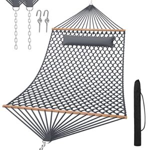 tonahutu 13ft hammocks, traditional hand woven cotton rope hammock with free extension chains for outdoor indoor patio yard 450 lsb capacity for two person (dark grey)