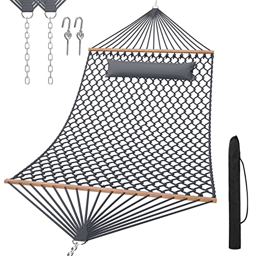 TONAHUTU 13FT Hammocks, Traditional Hand Woven Cotton Rope Hammock with Free Extension Chains for Outdoor Indoor Patio Yard 450 LSB Capacity for Two Person (Dark Grey)