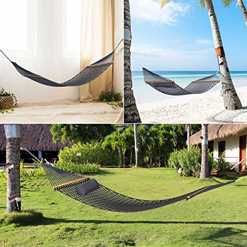 TONAHUTU 13FT Hammocks, Traditional Hand Woven Cotton Rope Hammock with Free Extension Chains for Outdoor Indoor Patio Yard 450 LSB Capacity for Two Person (Dark Grey)