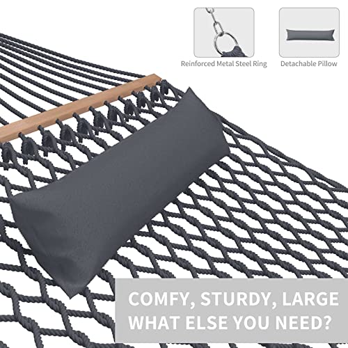 TONAHUTU 13FT Hammocks, Traditional Hand Woven Cotton Rope Hammock with Free Extension Chains for Outdoor Indoor Patio Yard 450 LSB Capacity for Two Person (Dark Grey)