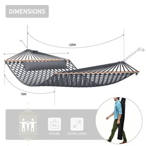 TONAHUTU 13FT Hammocks, Traditional Hand Woven Cotton Rope Hammock with Free Extension Chains for Outdoor Indoor Patio Yard 450 LSB Capacity for Two Person (Dark Grey)