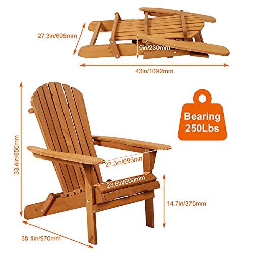 Adirondack Chair Weather Resistant Patio Chairs Folding Outdoor Chair w/Long Arms Solid Wooden Heavy Duty Reclining Fire Pit Chair for Deck, Lawn, Backyard, Garden Set of 2- Natural