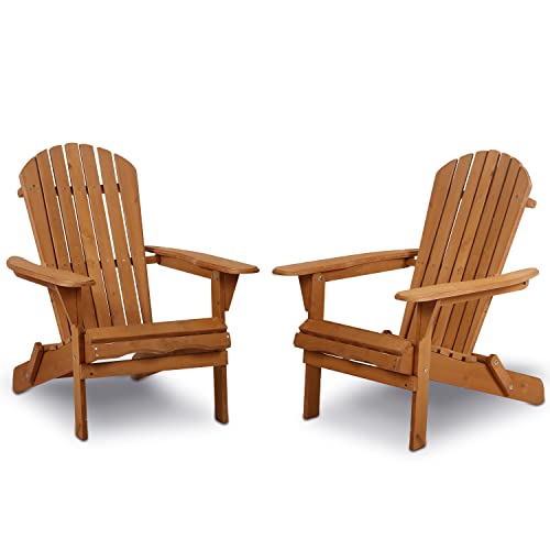 Adirondack Chair Weather Resistant Patio Chairs Folding Outdoor Chair w/Long Arms Solid Wooden Heavy Duty Reclining Fire Pit Chair for Deck, Lawn, Backyard, Garden Set of 2- Natural