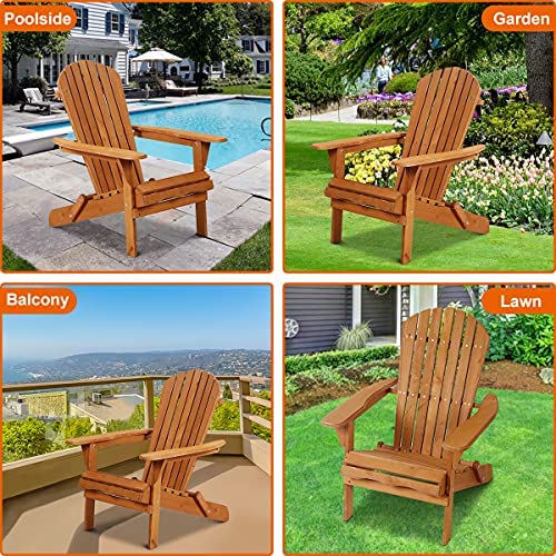 Adirondack Chair Weather Resistant Patio Chairs Folding Outdoor Chair w/Long Arms Solid Wooden Heavy Duty Reclining Fire Pit Chair for Deck, Lawn, Backyard, Garden Set of 2- Natural