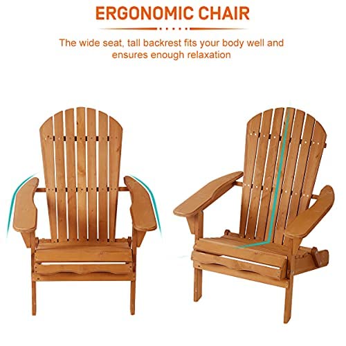 Adirondack Chair Weather Resistant Patio Chairs Folding Outdoor Chair w/Long Arms Solid Wooden Heavy Duty Reclining Fire Pit Chair for Deck, Lawn, Backyard, Garden Set of 2- Natural