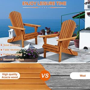 Adirondack Chair Weather Resistant Patio Chairs Folding Outdoor Chair w/Long Arms Solid Wooden Heavy Duty Reclining Fire Pit Chair for Deck, Lawn, Backyard, Garden Set of 2- Natural