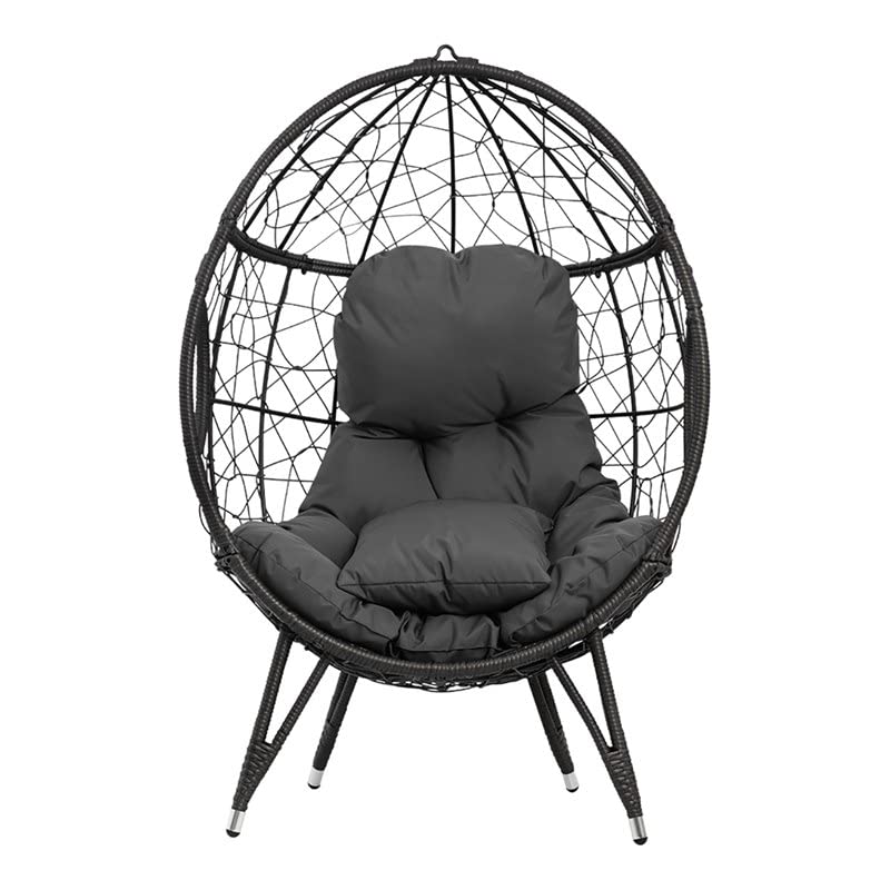 Crestlive Products Patio Wicker Egg Chair with Cushion and Pillow, PE Rattan Hanging Basket Lounge Chair with Legs, Teardrop Cuddle for Indoor Outdoor Bedroom Garden Deck Balcony (Dark Gray)