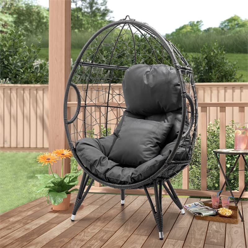 Crestlive Products Patio Wicker Egg Chair with Cushion and Pillow, PE Rattan Hanging Basket Lounge Chair with Legs, Teardrop Cuddle for Indoor Outdoor Bedroom Garden Deck Balcony (Dark Gray)