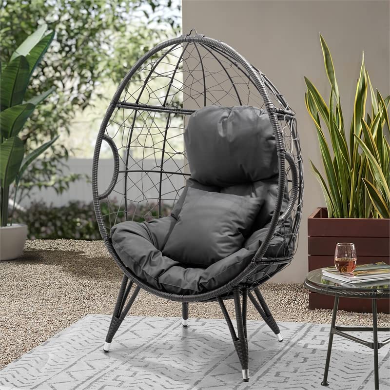 Crestlive Products Patio Wicker Egg Chair with Cushion and Pillow, PE Rattan Hanging Basket Lounge Chair with Legs, Teardrop Cuddle for Indoor Outdoor Bedroom Garden Deck Balcony (Dark Gray)