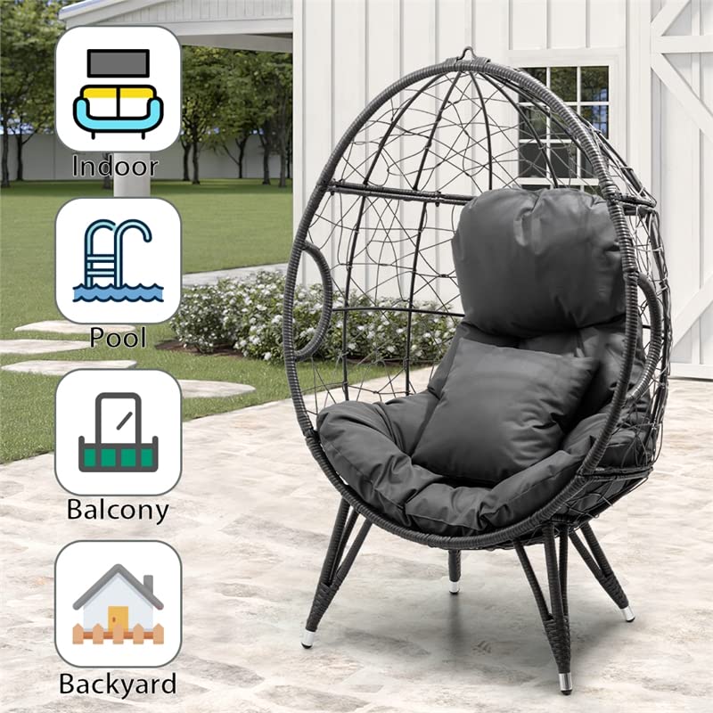 Crestlive Products Patio Wicker Egg Chair with Cushion and Pillow, PE Rattan Hanging Basket Lounge Chair with Legs, Teardrop Cuddle for Indoor Outdoor Bedroom Garden Deck Balcony (Dark Gray)