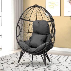 Crestlive Products Patio Wicker Egg Chair with Cushion and Pillow, PE Rattan Hanging Basket Lounge Chair with Legs, Teardrop Cuddle for Indoor Outdoor Bedroom Garden Deck Balcony (Dark Gray)