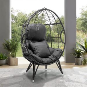 Crestlive Products Patio Wicker Egg Chair with Cushion and Pillow, PE Rattan Hanging Basket Lounge Chair with Legs, Teardrop Cuddle for Indoor Outdoor Bedroom Garden Deck Balcony (Dark Gray)