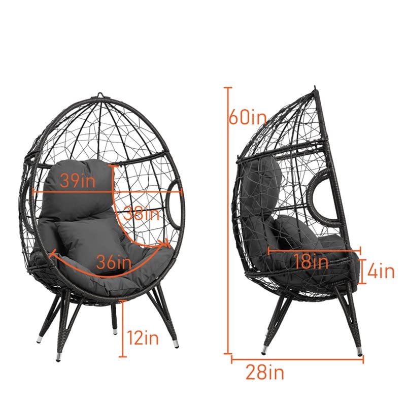 Crestlive Products Patio Wicker Egg Chair with Cushion and Pillow, PE Rattan Hanging Basket Lounge Chair with Legs, Teardrop Cuddle for Indoor Outdoor Bedroom Garden Deck Balcony (Dark Gray)