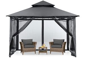 mastercanopy outdoor garden gazebo for patios with stable steel frame and netting walls (8×8,dark gray)
