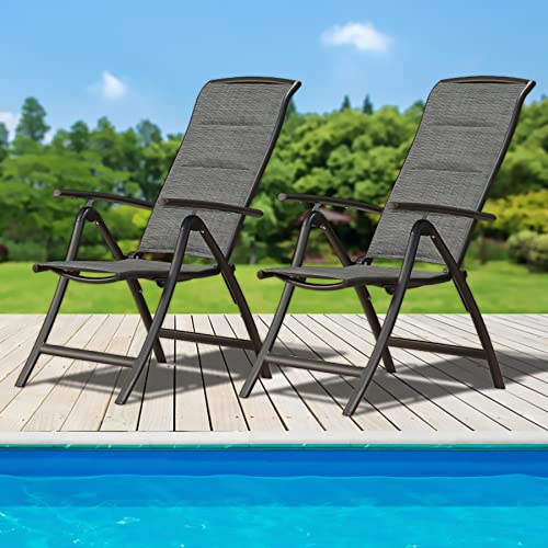 Domi Patio Outdoor Sling Chairs Set of 2, Folding Chairs Outdoor Reclining Camping Padded Chairs with Armrest Adjustable High Backrest Portable Chairs