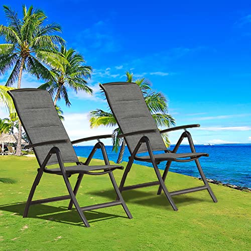 Domi Patio Outdoor Sling Chairs Set of 2, Folding Chairs Outdoor Reclining Camping Padded Chairs with Armrest Adjustable High Backrest Portable Chairs