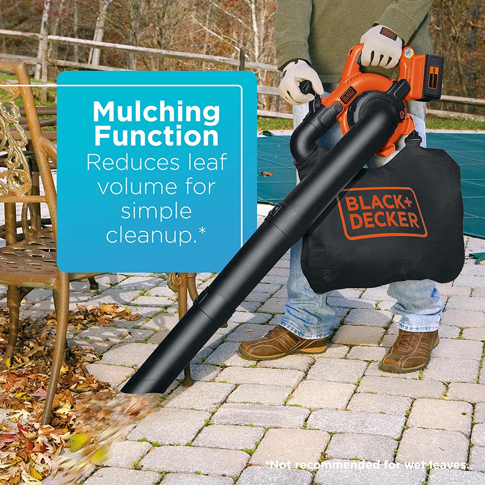 BLACK+DECKER 40V Cordless Leaf Blower Kit, 120 mph Air Speed, 6-Speed Dial, Built-In Scraper, With Collection Bag, Battery and Charger Included (LSWV36)