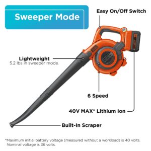 BLACK+DECKER 40V Cordless Leaf Blower Kit, 120 mph Air Speed, 6-Speed Dial, Built-In Scraper, With Collection Bag, Battery and Charger Included (LSWV36)