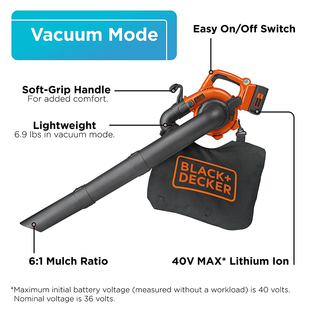 BLACK+DECKER 40V Cordless Leaf Blower Kit, 120 mph Air Speed, 6-Speed Dial, Built-In Scraper, With Collection Bag, Battery and Charger Included (LSWV36)