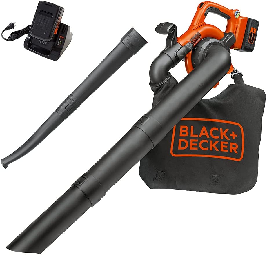 BLACK+DECKER 40V Cordless Leaf Blower Kit, 120 mph Air Speed, 6-Speed Dial, Built-In Scraper, With Collection Bag, Battery and Charger Included (LSWV36)