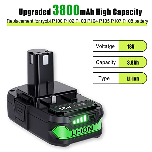 BATTOOL Upgraded 3800mAh P102 Replacement Battery Compatible with Ryobi 18V Battery Ryobi ONE+P108 P102 P103 P104 P105 P107 P109 P122 Cordless Power Tools Battery with LED Indicator 2Packs