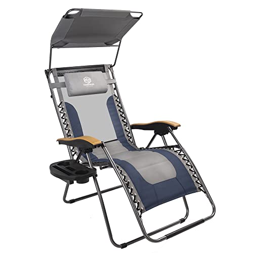 Coastrail Outdoor Zero Gravity Chair with Shade, 400lbs Capacity Mesh Back Padded Reclining Lounge Chair Plus Cup Holder, Table for Yard Patio Lawn Blue