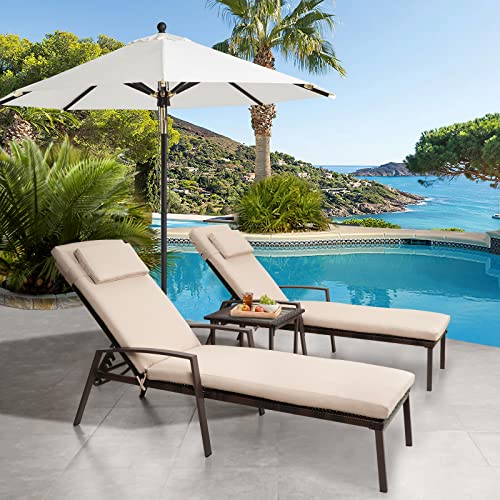 FYRICKYLINOO 3 Pieces Outdoor Patio Furniture PE Wicker Rattan Adjustable Backrest Chaise Lounge Set with Side Table & Headrest, 2 PCS Patio Furniture Pool Chaise Lounge Chairs Set with 1 PC Table