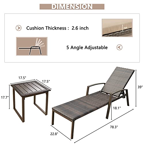 FYRICKYLINOO 3 Pieces Outdoor Patio Furniture PE Wicker Rattan Adjustable Backrest Chaise Lounge Set with Side Table & Headrest, 2 PCS Patio Furniture Pool Chaise Lounge Chairs Set with 1 PC Table