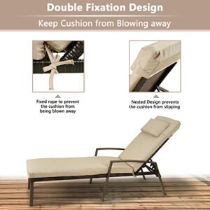 FYRICKYLINOO 3 Pieces Outdoor Patio Furniture PE Wicker Rattan Adjustable Backrest Chaise Lounge Set with Side Table & Headrest, 2 PCS Patio Furniture Pool Chaise Lounge Chairs Set with 1 PC Table