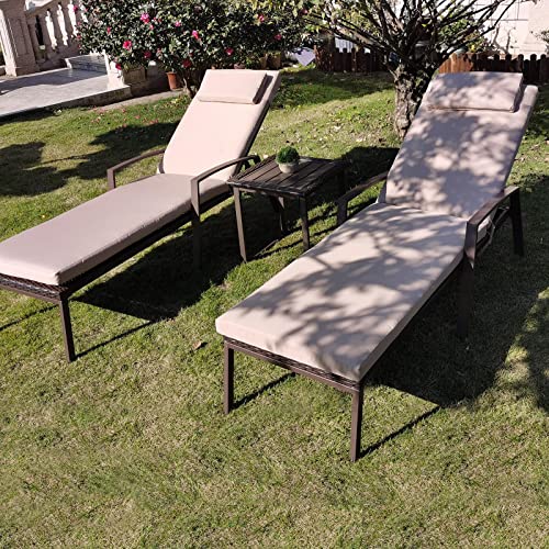 FYRICKYLINOO 3 Pieces Outdoor Patio Furniture PE Wicker Rattan Adjustable Backrest Chaise Lounge Set with Side Table & Headrest, 2 PCS Patio Furniture Pool Chaise Lounge Chairs Set with 1 PC Table