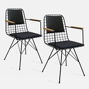 theia tasarim starleg metal dining side arm chair | mid century modern wire design kitchen chairs with faux leather seat & back pad | dining room arm chair for cafe & bistro | set of 2 indoor-outdoor