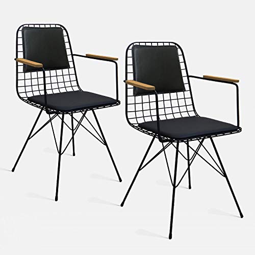 THEIA TASARIM STARLEG Metal Dining Side Arm Chair | Mid Century Modern Wire Design Kitchen Chairs with Faux Leather Seat & Back Pad | Dining Room Arm Chair for Cafe & Bistro | Set of 2 Indoor-Outdoor