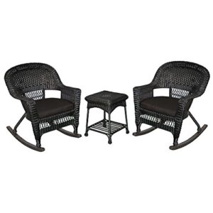 jeco 3 piece rocker wicker chair set with with cushion, black