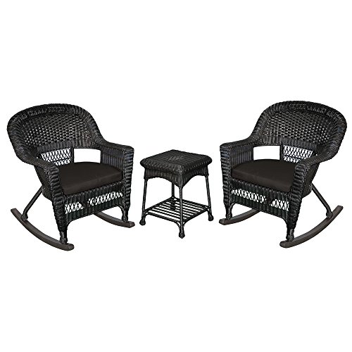 Jeco 3 Piece Rocker Wicker Chair Set with with Cushion, Black