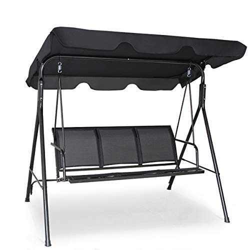 Tangkula 3 Person Patio Swing, Steel Frame with Polyester Angle Adjustable Canopy, All Weather Resistant Swing Bench, Suitable for Patio, Garden, Poolside, Balcony (Black)